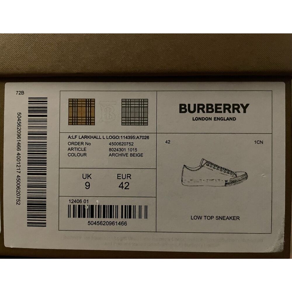NIB BURBERRY LARKHALL BEIGE CHECK CANVAS LOGO WHITE CAP TOE UNISEX SNEAKERS 42 - Picture 13 of 13